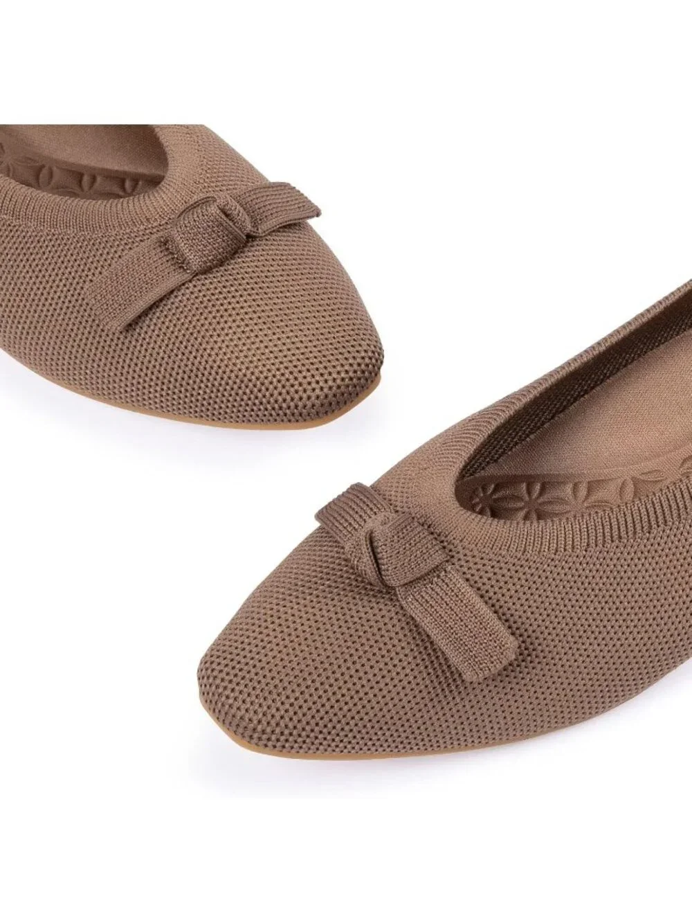 Frank Mully Women's Brown Solid Rubber Knit Squared Toe Bow Slip On Ballet Flats